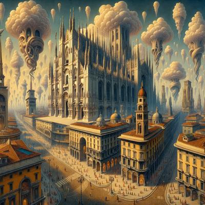 The primary subject of the image is a large, ornate cathedral with a tall clock tower. The setting is a city street with a crowd of people walking around, giving the impression of a busy urban environment. The visual style is a combination of digital art and illustration, creating a vibrant and detailed scene. The colors and mood are lively and bustling, with the cathedral and clock tower serving as the focal point of the image.